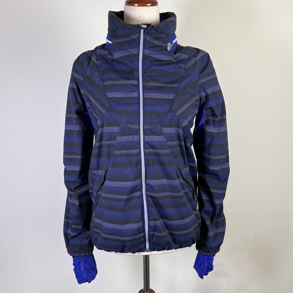 Lululemon Run Hustle Zip Jacket Women's 4 Blue Purple Striped Ruched Back Hooded